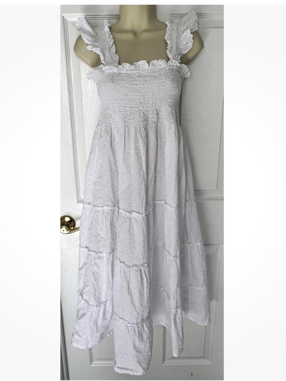 Hill House White Cotton Smocked Ruffle Strap Square Neck Midi Sundress Small